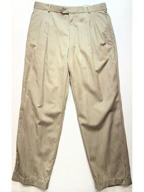 Joseph Abboud Men's Pleated Dress Pants Cuffed Hem Size 36 Tan Pinstripe Pockets